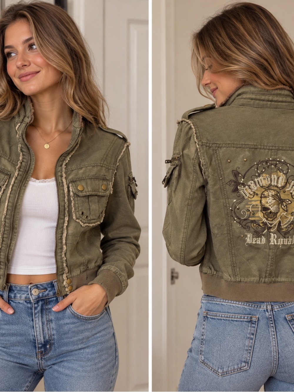 Olive Green Cropped Military-Style Jean Jacket